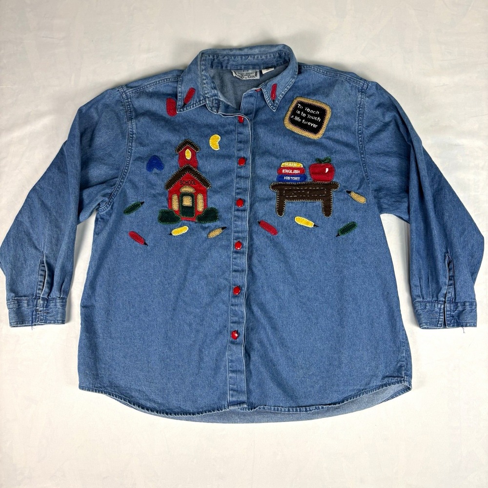 Vintage Sara Studio Teacher Denim Shirt Womens 2X  Apple Buttons Embroidered 90s